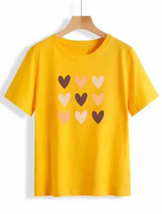 Yellow Heart Printed Round Neck Tees For Women