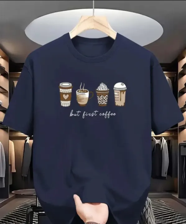 Navy Blue Printed Round Neck Tees For Women