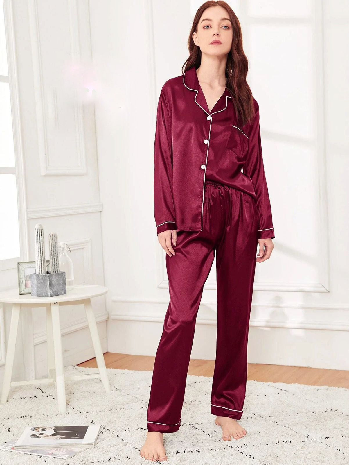 Maroon Silk Night Suit For Women