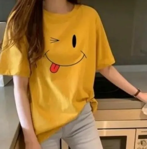 Yellow Simly Printed Round Neck Tees For Women