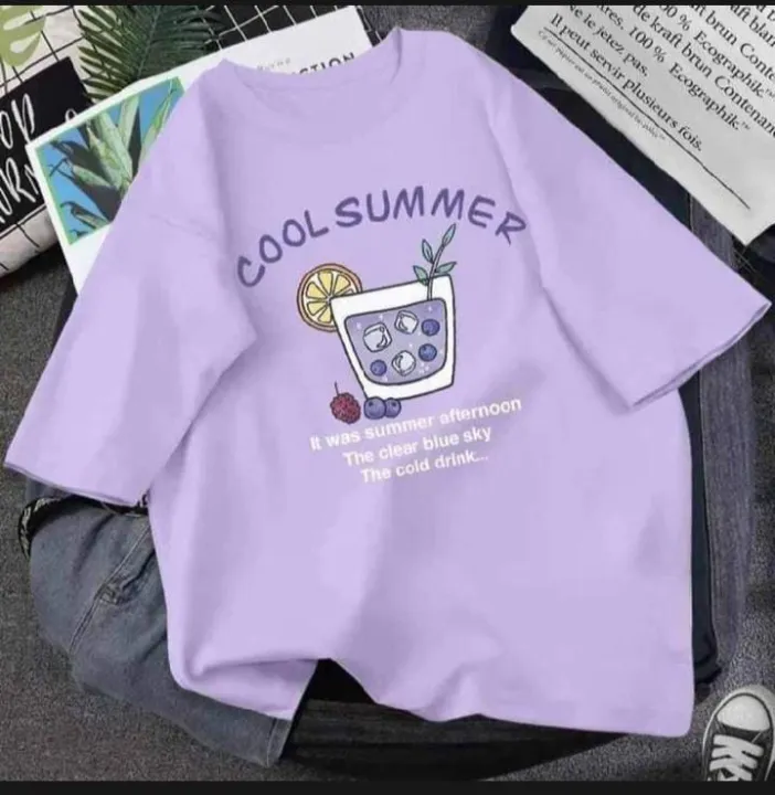 Purple Printed Round Neck Tees For Women