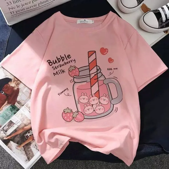 Pink Printed Round Neck Tees For Women