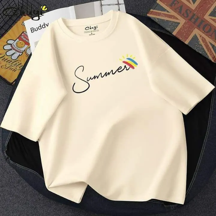 Beige Printed Round Neck Tees For Women